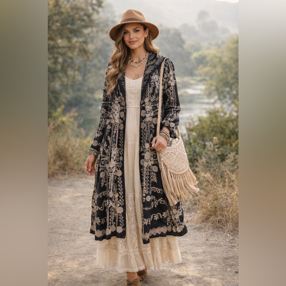 Johnny Was Black and Cream Embroidered Duster - Large